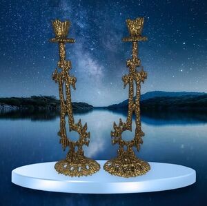 MCM Vintage Brutalist Brass Wainberg Shabbat Candleholders 10.5" 1960's